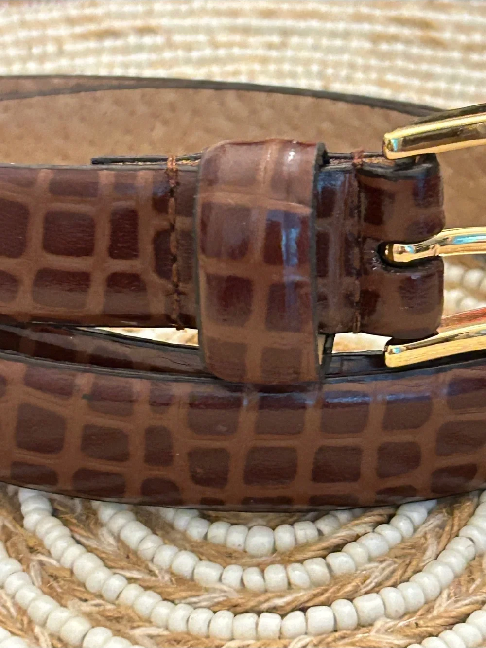 Kim Rogers Brown Croc-Embossed Leather Belt with Gold Buckle